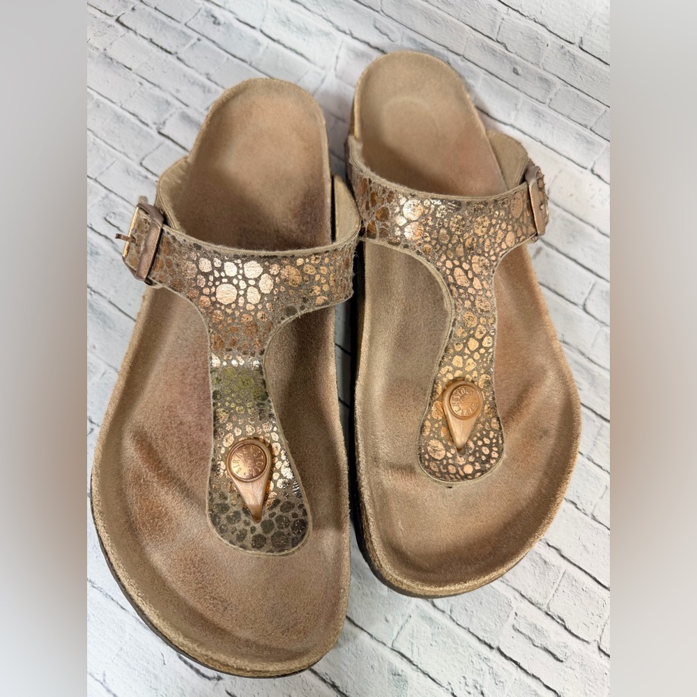 Birkenstock Metallic Gold and Brown Thong Sandals